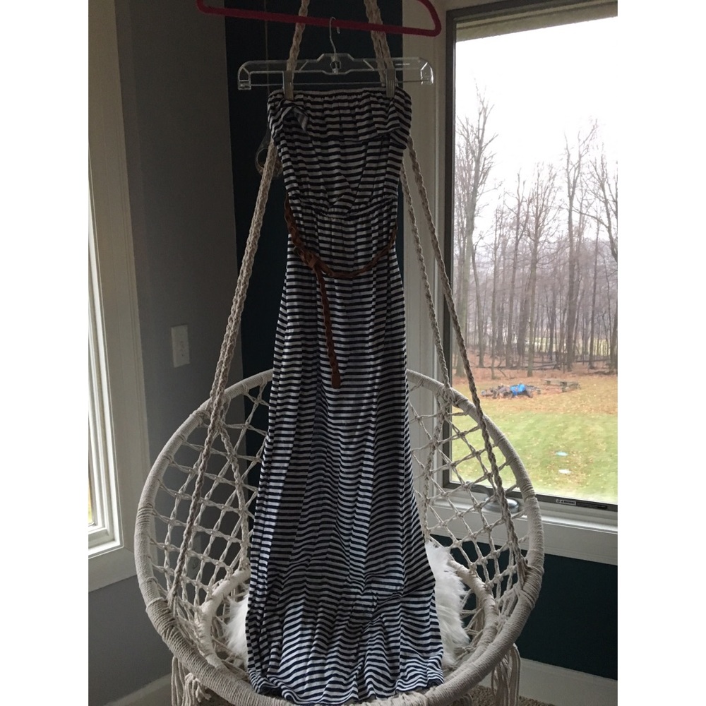 Navy blue and white striped maxi dress